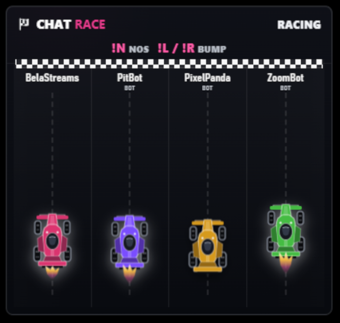 Chat Race Mini four-car corner overlay